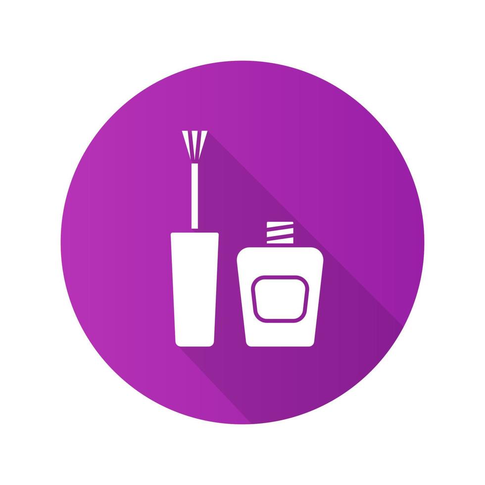 Nail polish flat design long shadow icon. Purple nail varnish bottle with brush. Vector silhouette symbol