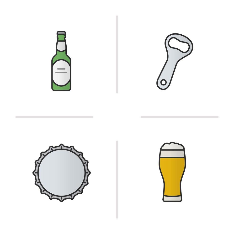 Beer color icons set. Beer bottle, opener, cap and full foamy glass. Isolated vector illustrations