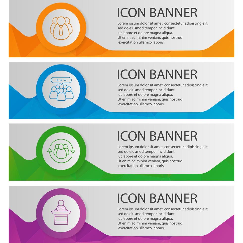 Business banner templates set. Easy to edit. Top manager, conference speaker, teamwork, team management. Website menu items with linear icons. Color polygonal web banner concepts. Vector backgrounds