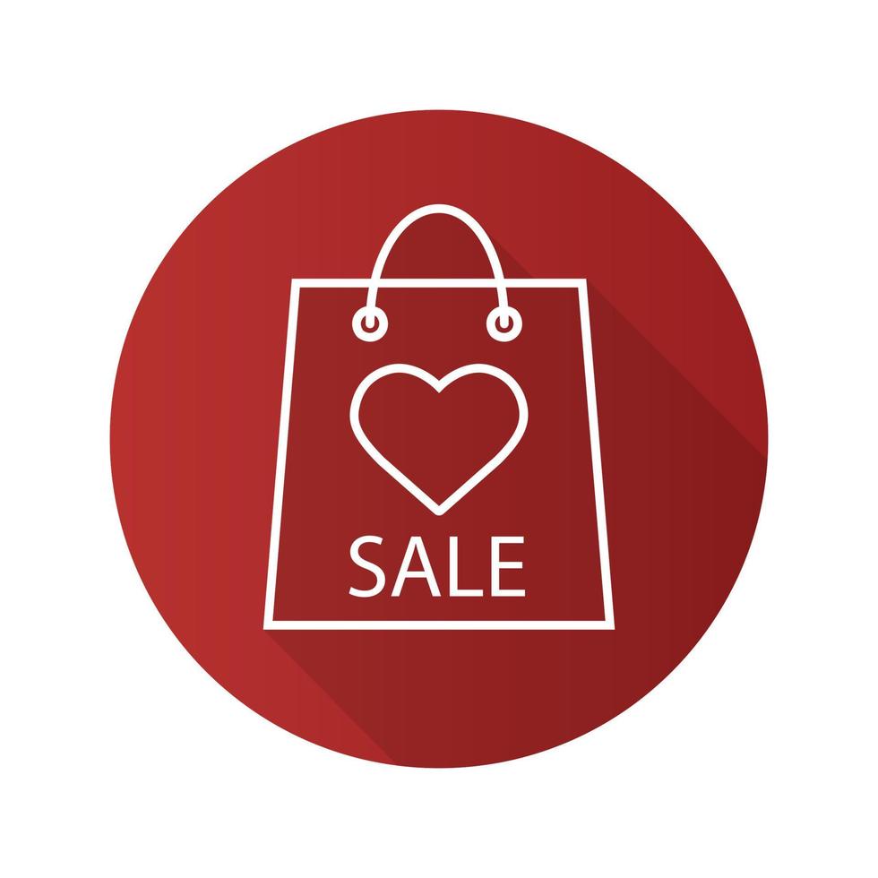 Valentines Day sale flat linear long shadow icon. Store bag with heart shape. Vector line symbol