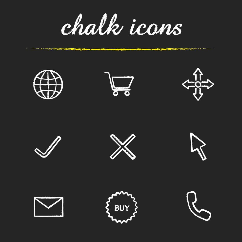 Online shopping chalk icons set. Worldwide and delivery symbols, shopping cart, yes and no signs, computer cursor, message, buy sticker, handset. Isolated vector chalkboard illustrations