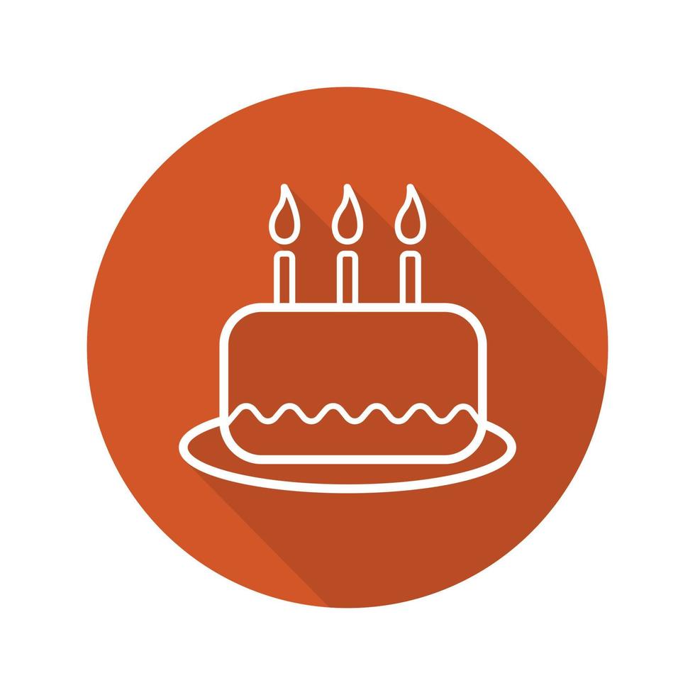 Birthday cake flat linear long shadow icon. Glazed cake with candles on plate. Vector line symbol