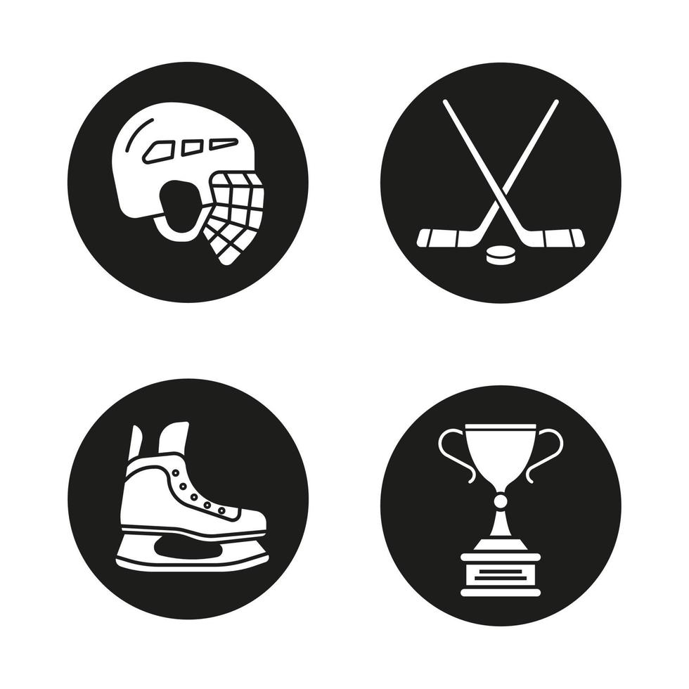 Hockey equipment icons set. Helmet, ice skate, sticks, winner's award. Vector white silhouettes illustrations in black circles