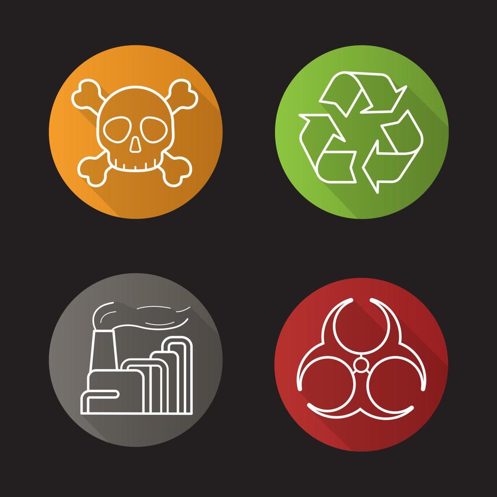 Industrial pollution flat linear long shadow icons set. Biohazard and recycle symbols, factory air pollution and skull with crossbones poison sign. Vector line illustration