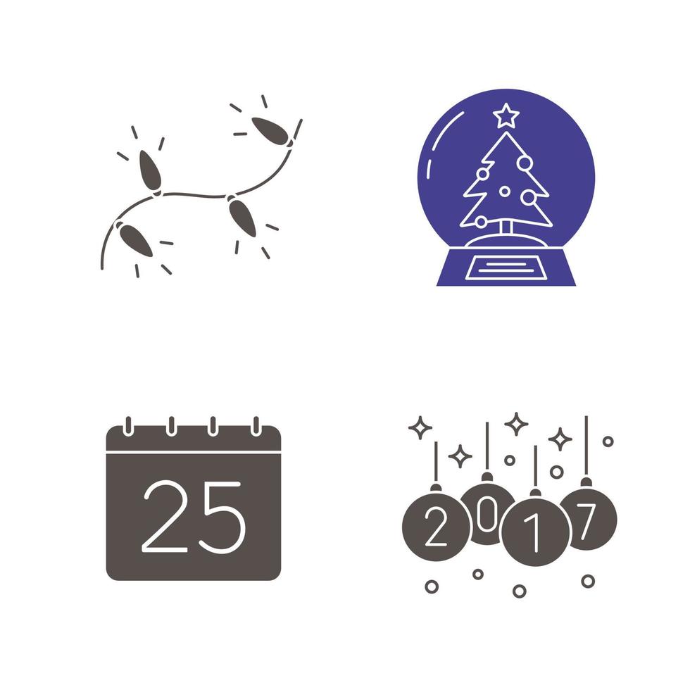 Christmas icons set. New Year silhouette symbols. Xmas tree lights and 2017 balls, snow globe, December 25. Vector isolated illustration