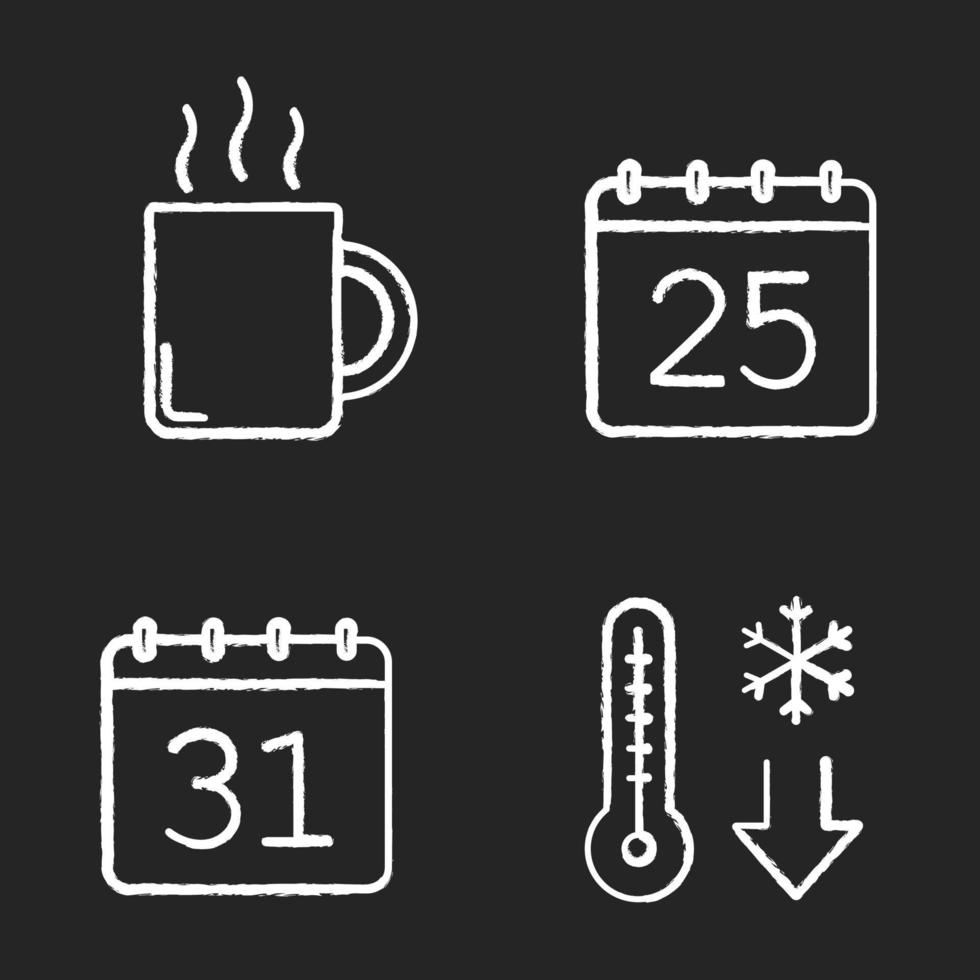 Winter season chalk icons set. December 25 and 31, temperature falling, hot steaming tea mug. Christmas and New Year days. Isolated vector chalkboard illustrations