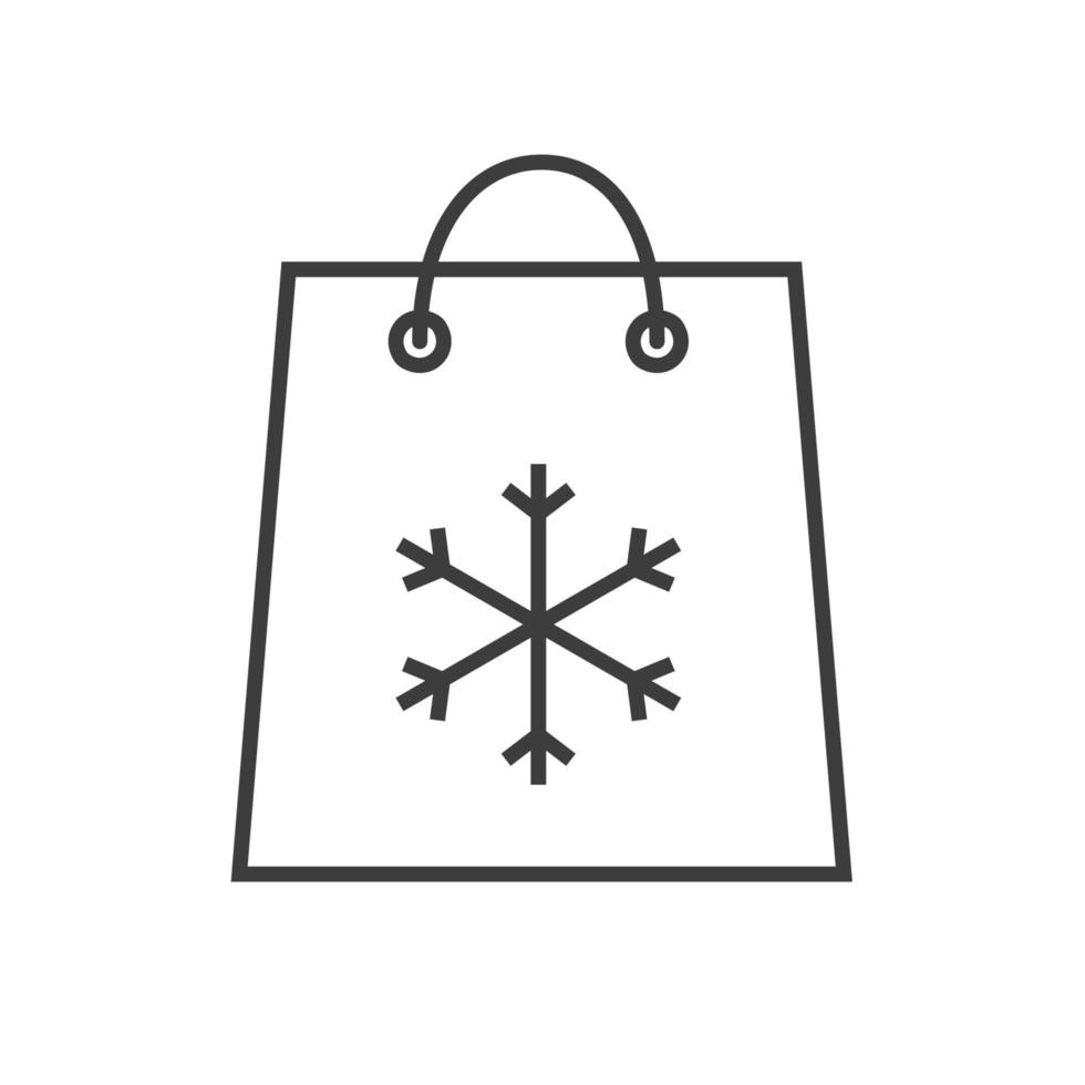 Christmas and New Year sale linear icon. Thin line illustration. Shopping bag with snowflake. Contour symbol. Vector isolated outline drawing