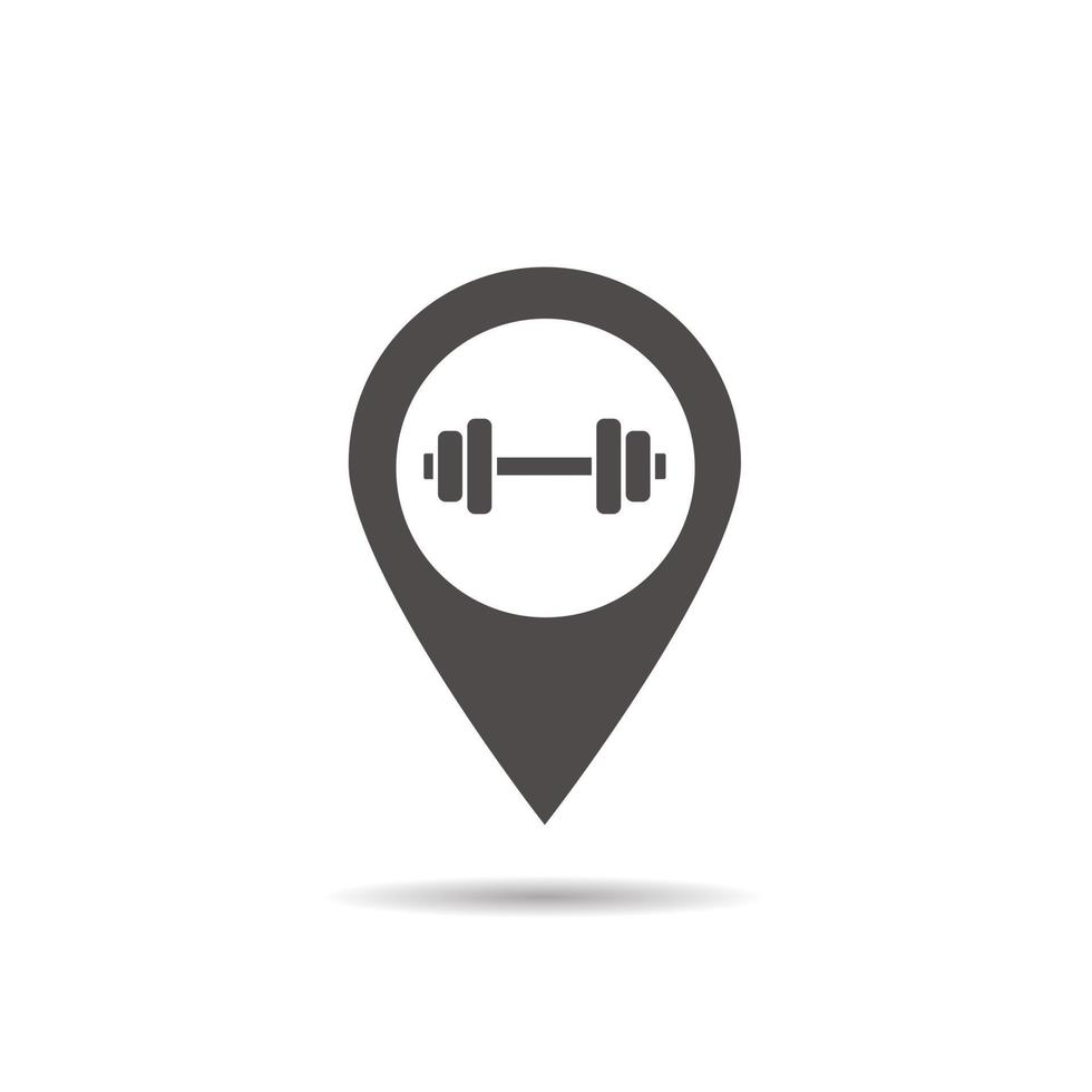 Gym location icon. Drop shadow map pointer silhouette symbol. Barbell in pinpoint. Vector isolated illustration