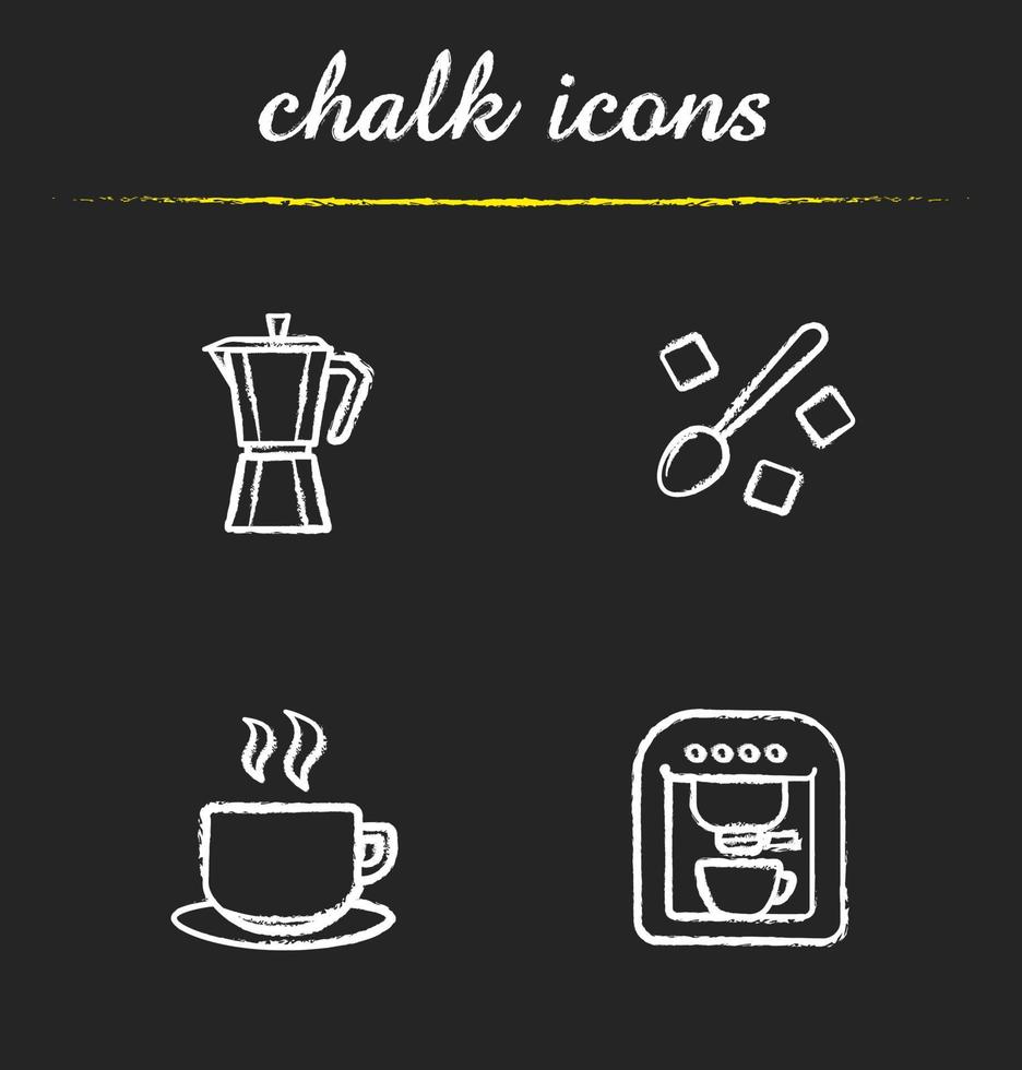 Coffee chalk icons set. Classic coffee maker, espresso machine, steaming cup on plate, moka pot, spoon with refined sugar cubes. Isolated vector chalkboard illustrations