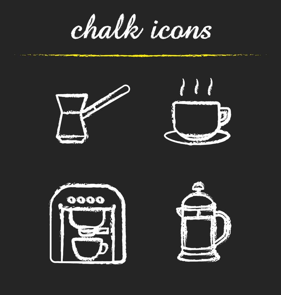 Conjunto de iconos de tiza de café. cezve turco, taza de café humeante en un plato, máquina de espresso, prensa francesa. ilustraciones de pizarra vector aislado