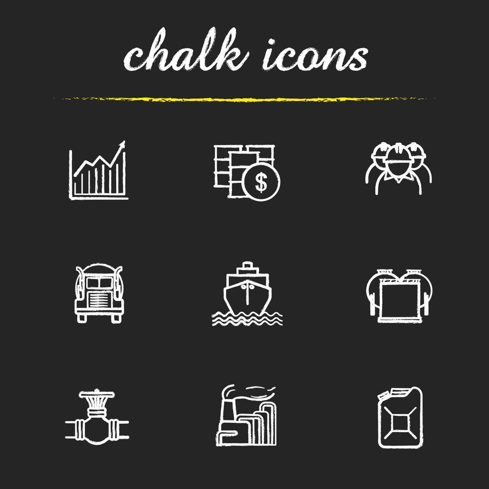 Oil and petroleum industry chalk icons set. Oil barrels market, industry workers, petrol jerrycan, pipeline valve, cargo ship, storage tank, growth chart. Isolated vector chalkboard illustrations