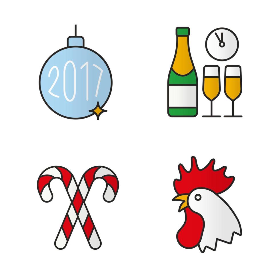 Conjunto de iconos de colores de celebración de año nuevo. 2017 bola de árbol de navidad, gallo, bastones de caramelo, botella de champán y vasos. ilustración vectorial aislada vector