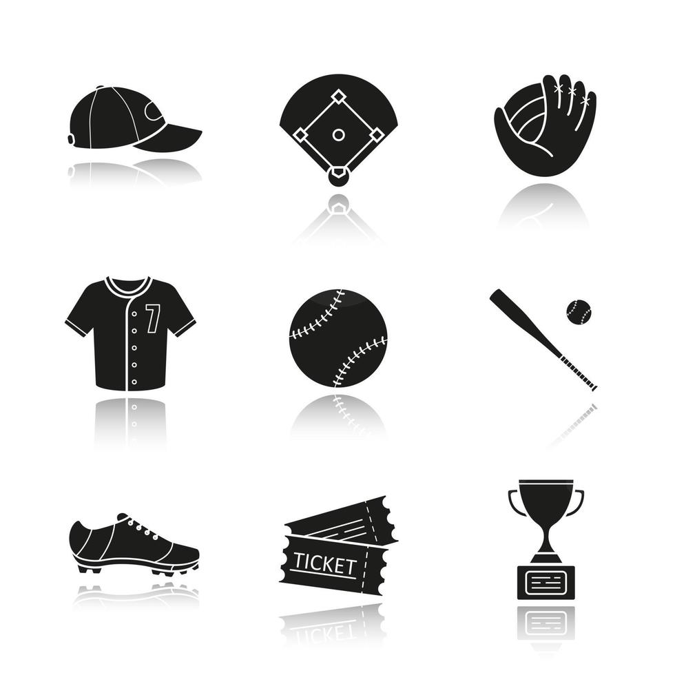 Baseball accessories drop shadow black icons set. Cap, field, mitt, shirt, ball, bat, shoe, tickets, winner's award. Softball player's kit. Isolated vector illustrations
