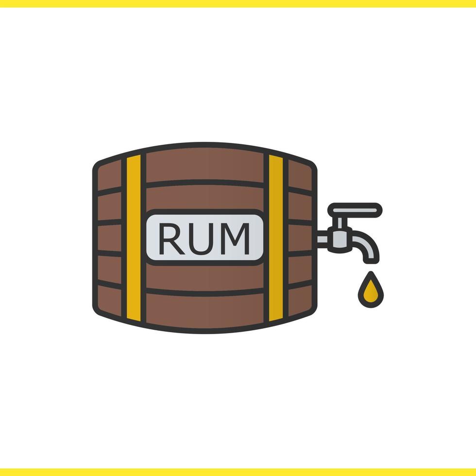 Rum wooden barrel color icon. Alcohol barrel with tap and drop. Isolated vector illustration