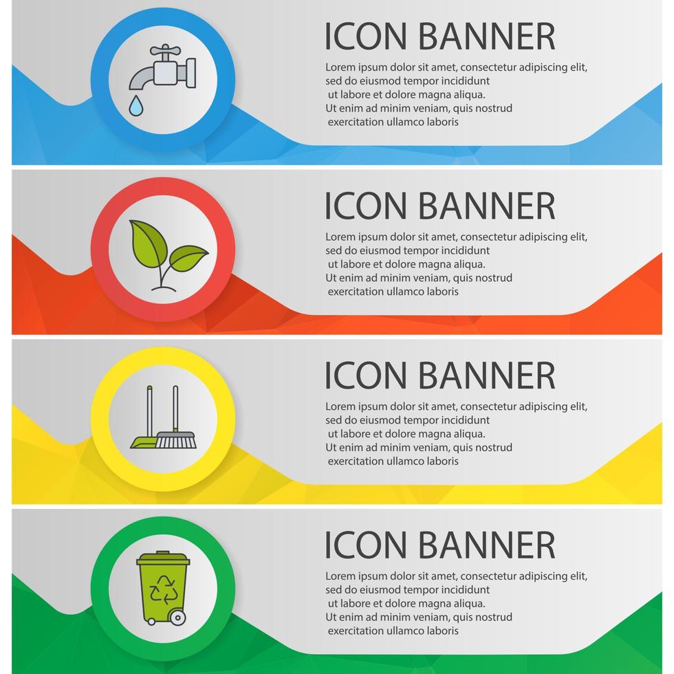 Environment protection banner templates set. Plant, water resources, cleaning and recycle service website menu items. Color polygonal web banner concepts. Vector backgrounds