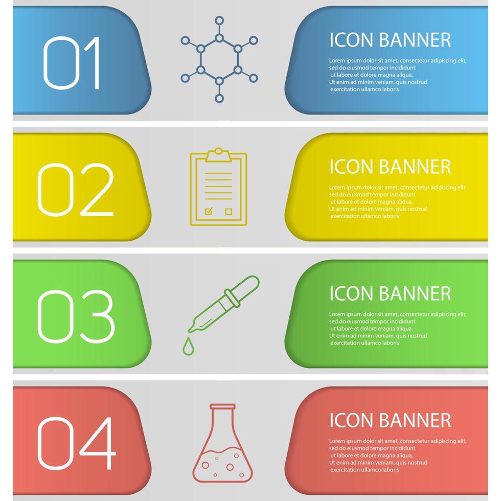 Conjunto de plantillas de banner de laboratorio de ciencia. pipeta con gota, vaso de precipitados hirviendo, estructura molecular, portapapeles de laboratorio. elementos del menú del sitio web con iconos lineales. banner web en color. conceptos de diseño de encabezados vectoriales vector