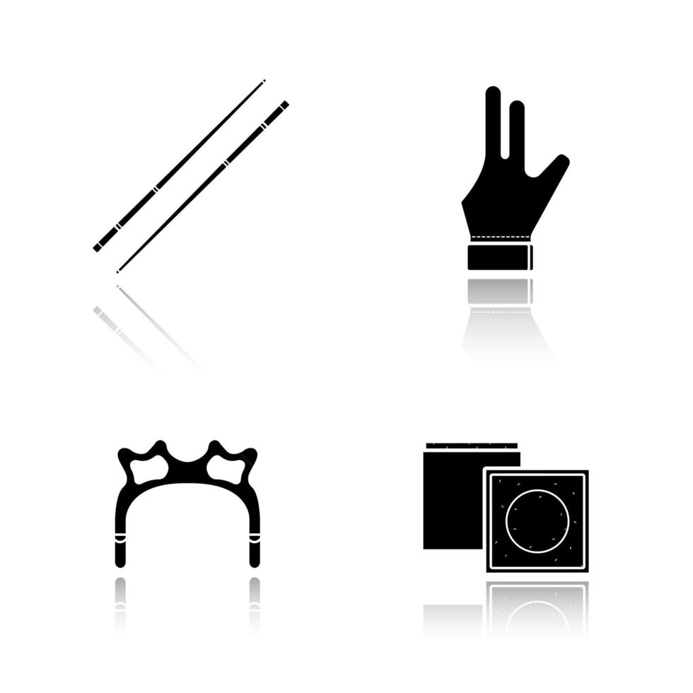 Billiard accessories drop shadow black icons set. Pool equipment. Cues, chalk, glove, rest head. Isolated vector illustrations