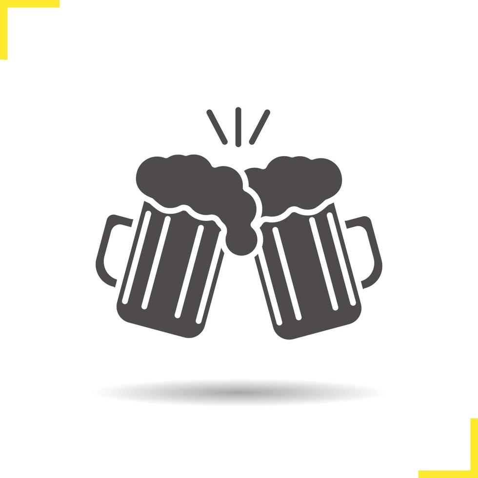 Toasting beer glasses icon. Drop shadow cheers silhouette symbol. Two foamy beer glasses. Negative space. Vector isolated illustration