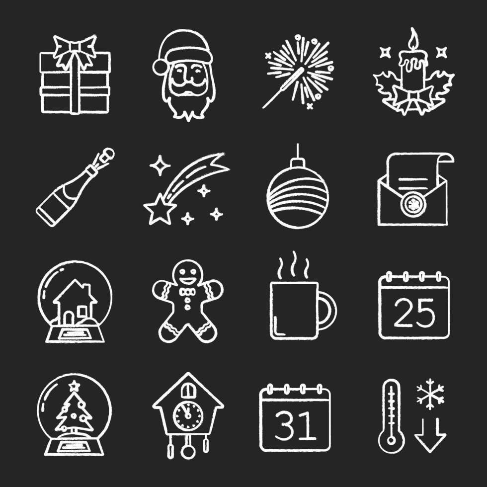 Conjunto de iconos de tiza de Navidad y año nuevo. caja de regalo, santa claus, bengala, vela, champán, estrella fugaz, bola de abeto, globos de nieve, hombre de jengibre, taza caliente. vector aislado