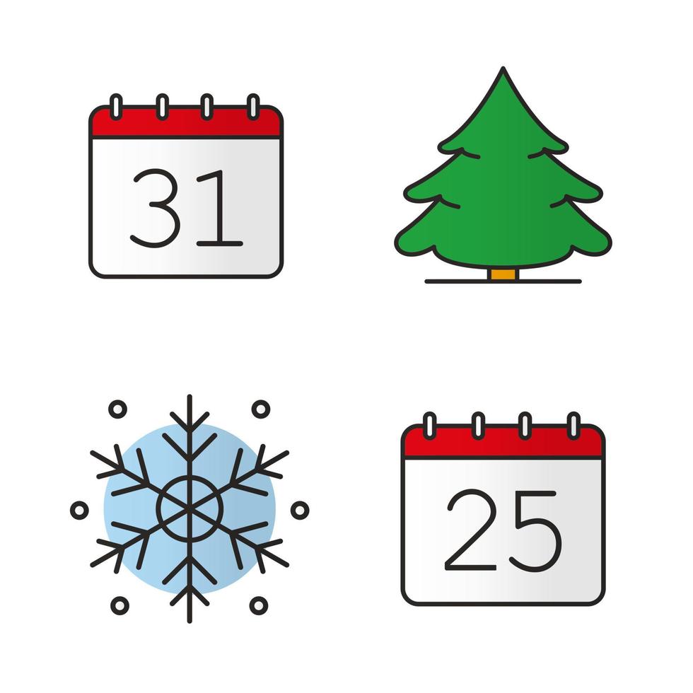 Winter season color icons set. December 25 and 31, snowflake, fir tree. Christmas and New Year days. Isolated vector illustrations