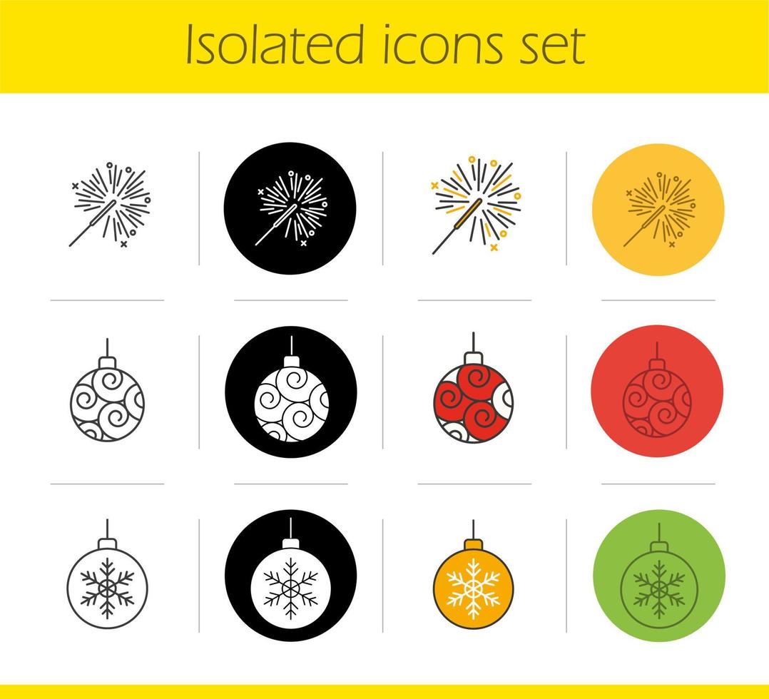 Christmas and New Year icons set. Linear, black and color styles. Sparkler and Xmas tree balls. Isolated vector illustrations