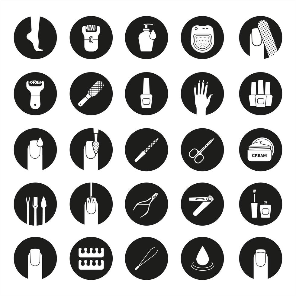 Manicure and pedicure icons set. Nail polish, scissors, epilator, spa bath, soap, cream, tweezers, foot rasp, cuticle nipper. Vector white silhouettes illustrations in black circles