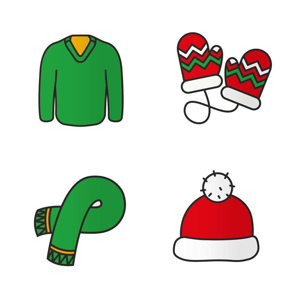 New Year clothes color icons set. Warm winter accessories. Green sweater and scarf, Santa Claus hat, children mittens. Isolated vector illustrations
