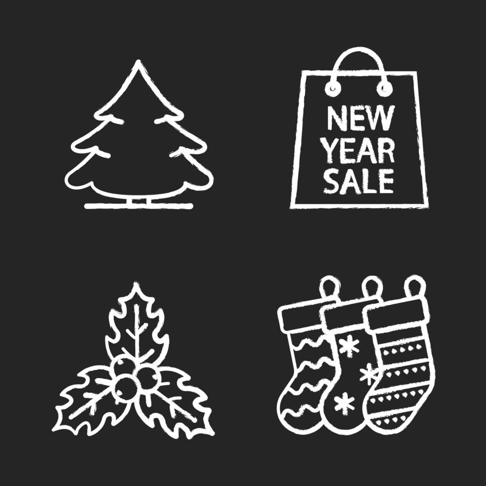 Conjunto de iconos de tiza de Navidad y año nuevo. abeto, muérdago, calcetines para regalos, bolsa de compras de venta de año nuevo. ilustraciones de pizarra vector aislado