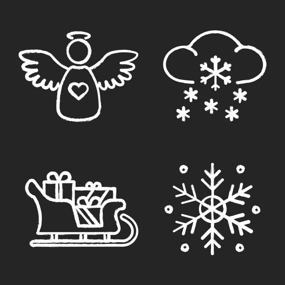 Christmas and New Year chalk icons set. Xmas angel, Santa Claus sleigh with presents, winter snowfall, snowflake. Isolated vector chalkboard illustrations