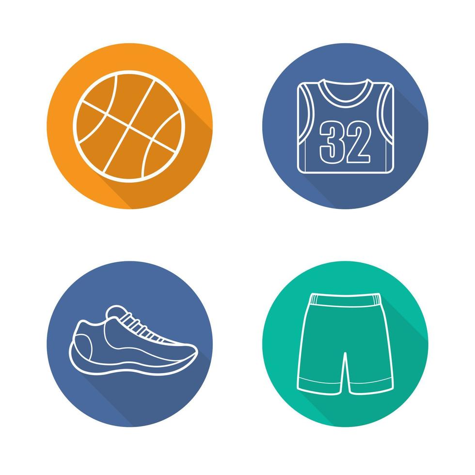 Conjunto de iconos de baloncesto plana lineal larga sombra. pelota, zapato, camiseta, pantalones cortos. uniforme de jugador de baloncesto. ilustración de línea vectorial vector