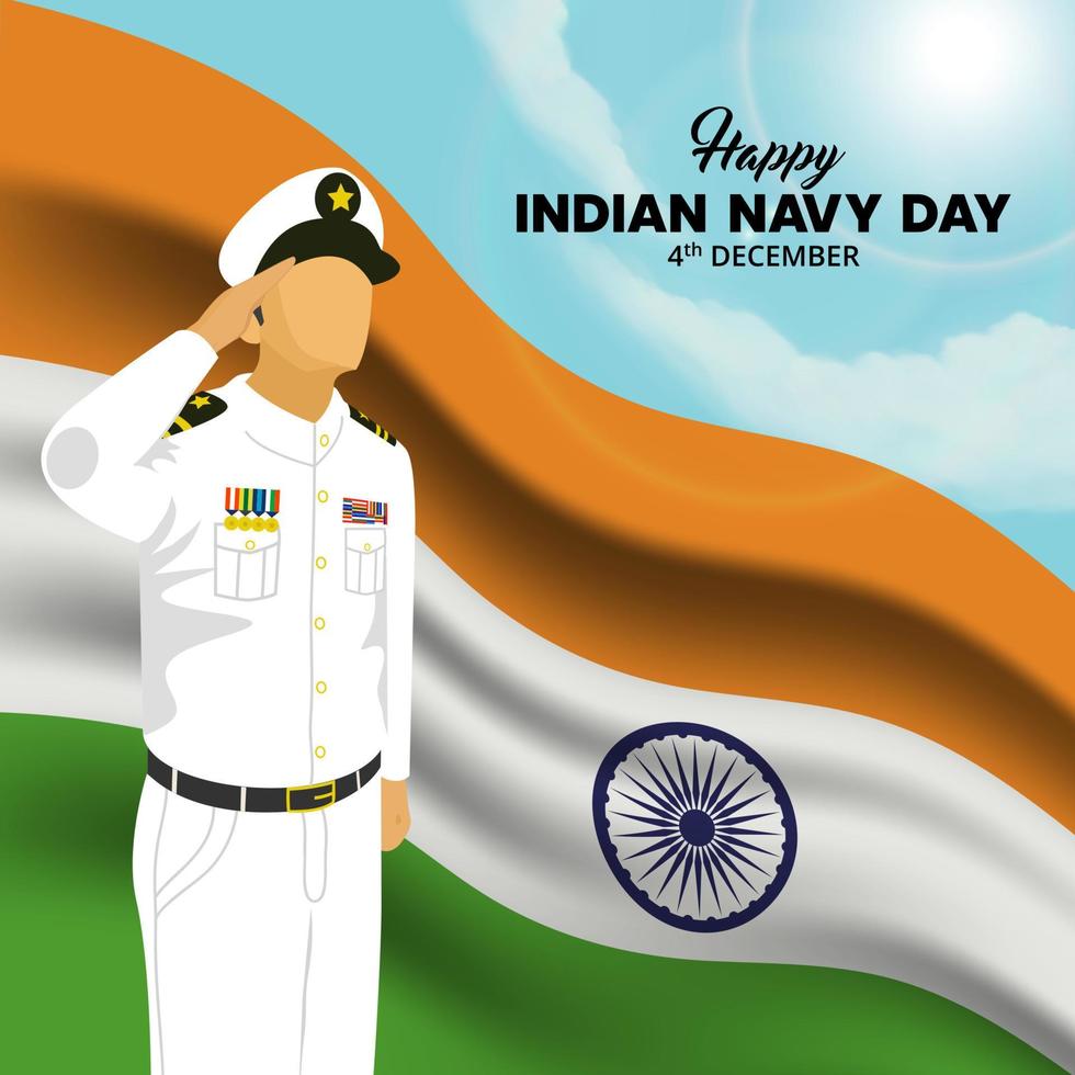 Feliz día de la marina india con antecedentes del ejército naval saludando delante de una bandera vector