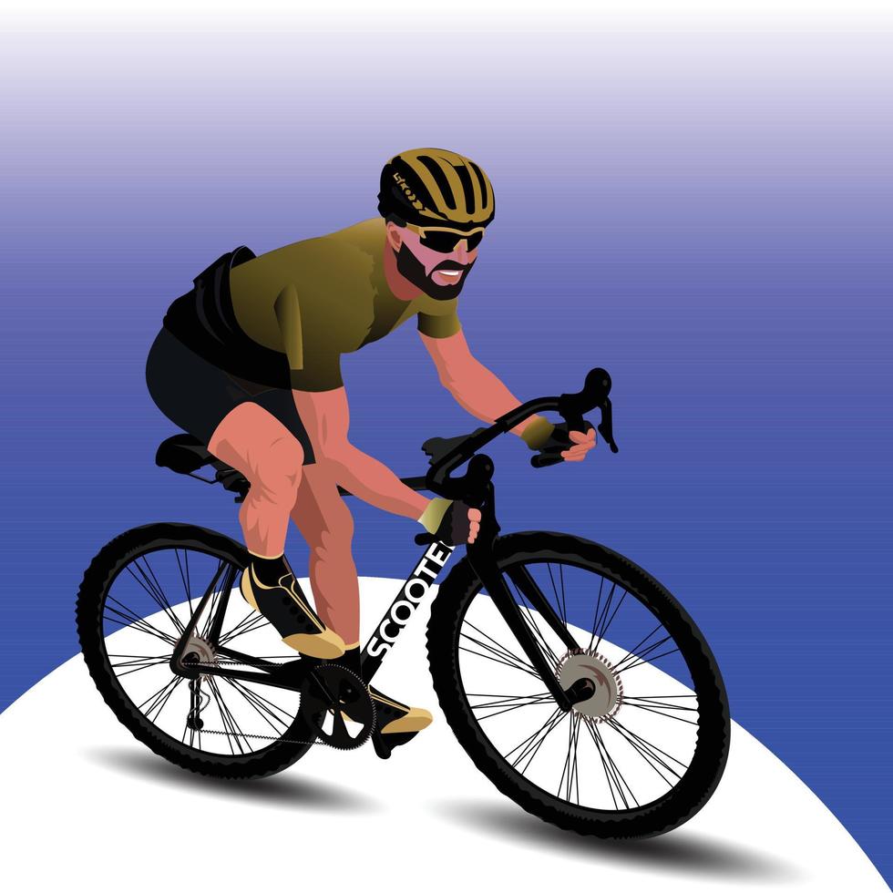 Athletic man riding a bicycle and wearing a helmet on his head. vector