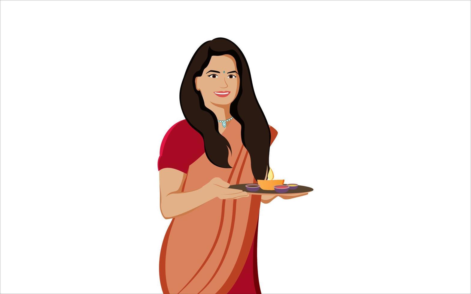 Mujeres indias con ilustración de personaje arti thali sobre fondo blanco. vector