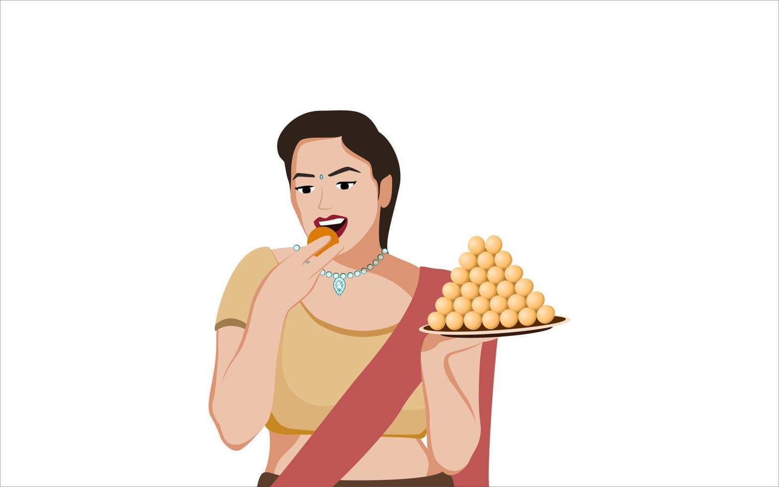 Indian Girl with laddoo - indian sweet, character illustration on white background. vector