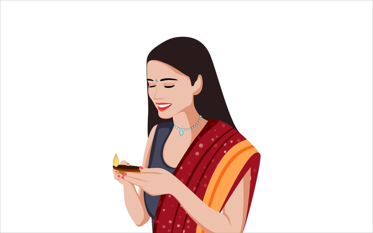 Indian girl with diya oil lamp on plane white background. vector