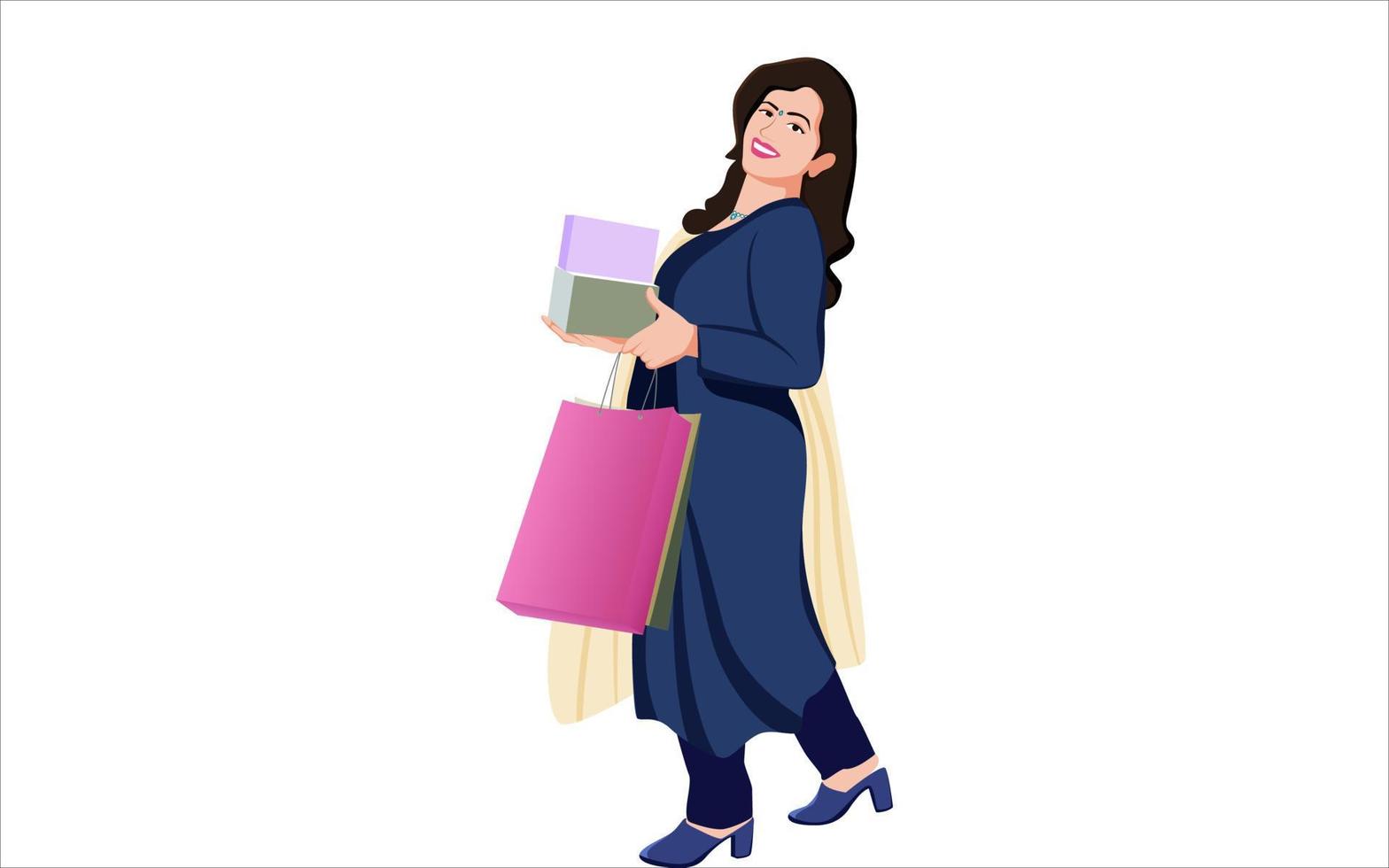 Mujeres indias con bolsa de compras y cajas, ilustración de personaje sobre fondo blanco. vector