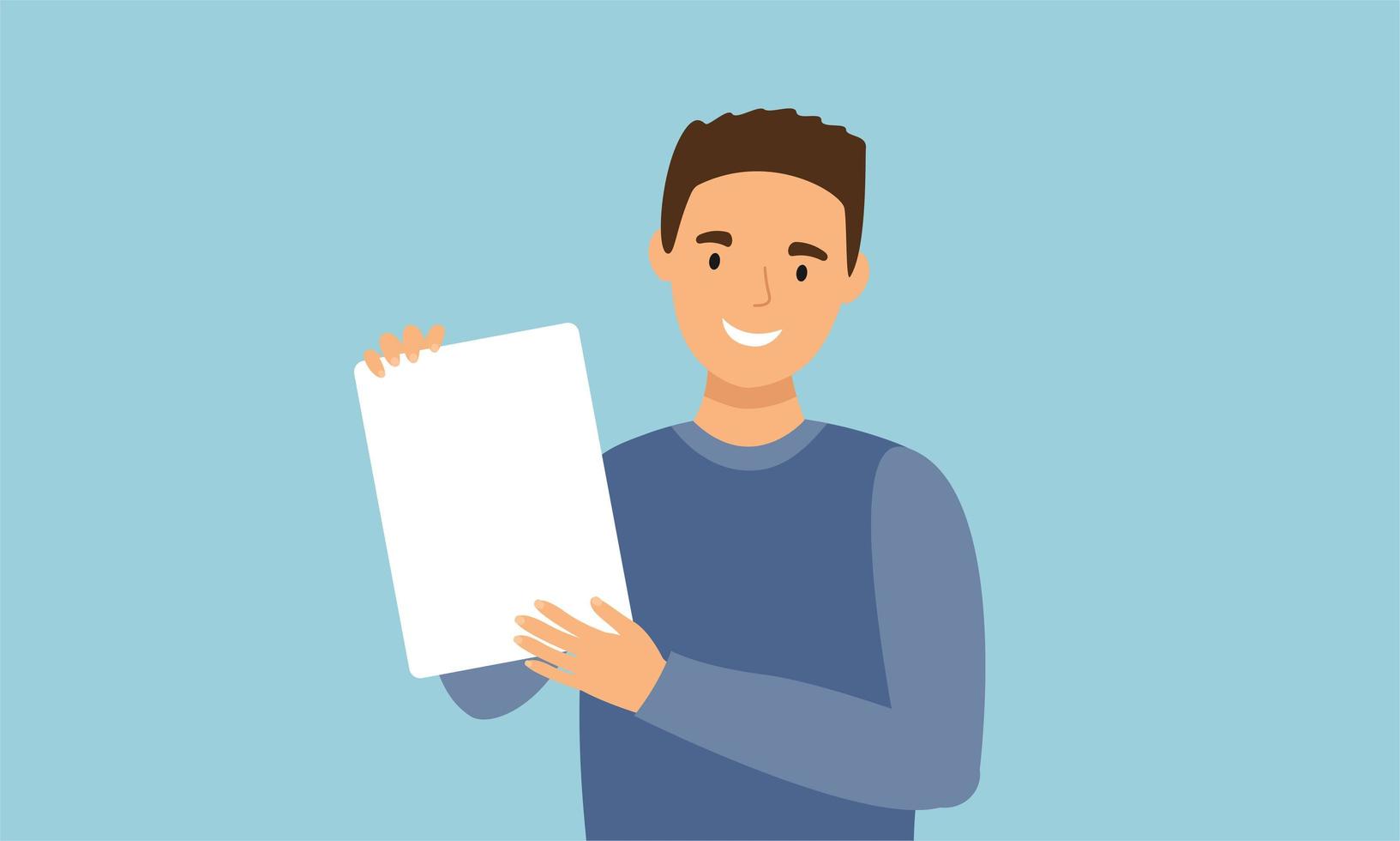 Young man holding a blank sheet paper in hands vector