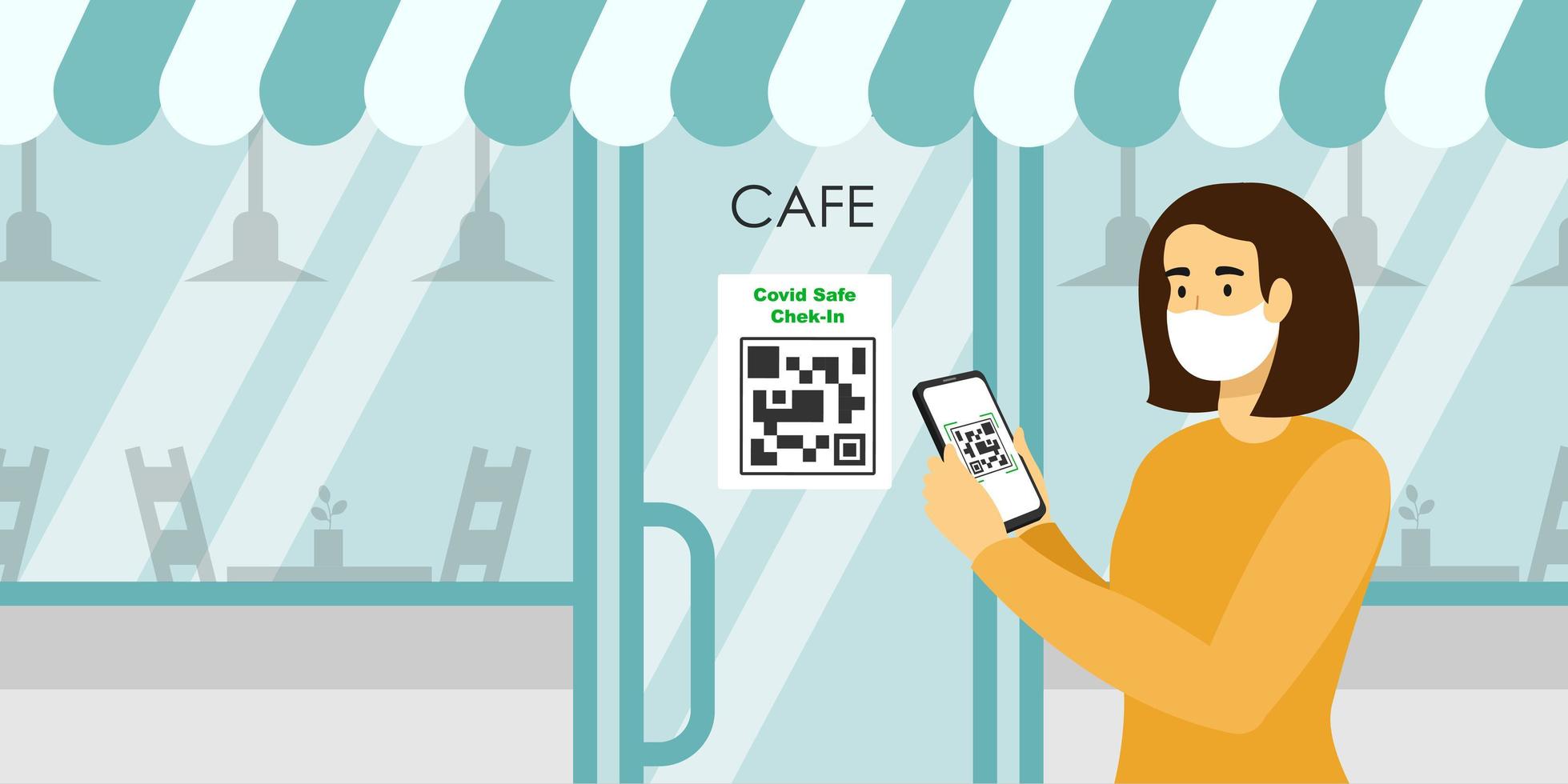 Young woman wear medical mask scans the qr code on the door cafe. Covid Safe Check-In vector