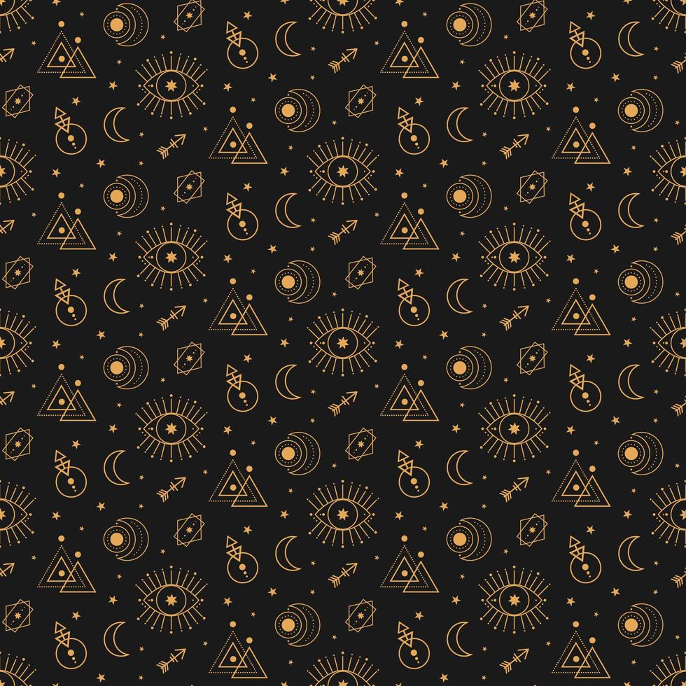 Celestial tarot astrological golden seamless pattern on dark background vector