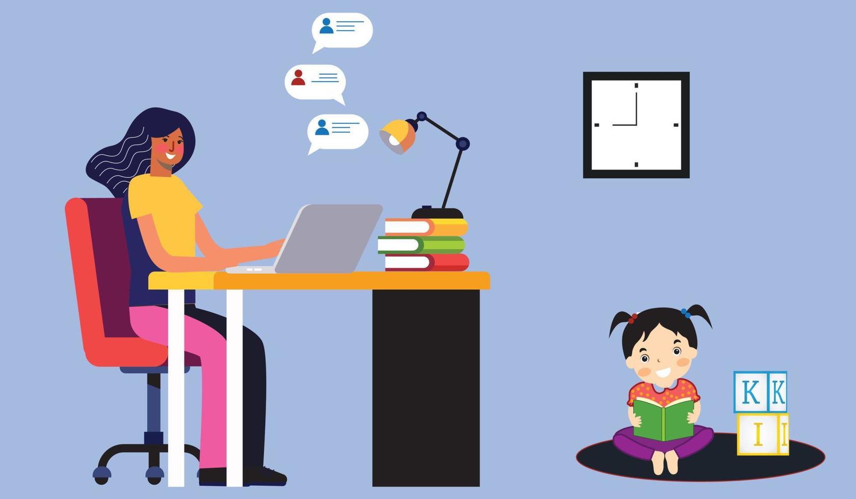 Female freelance worker with a child at the workplace. vector