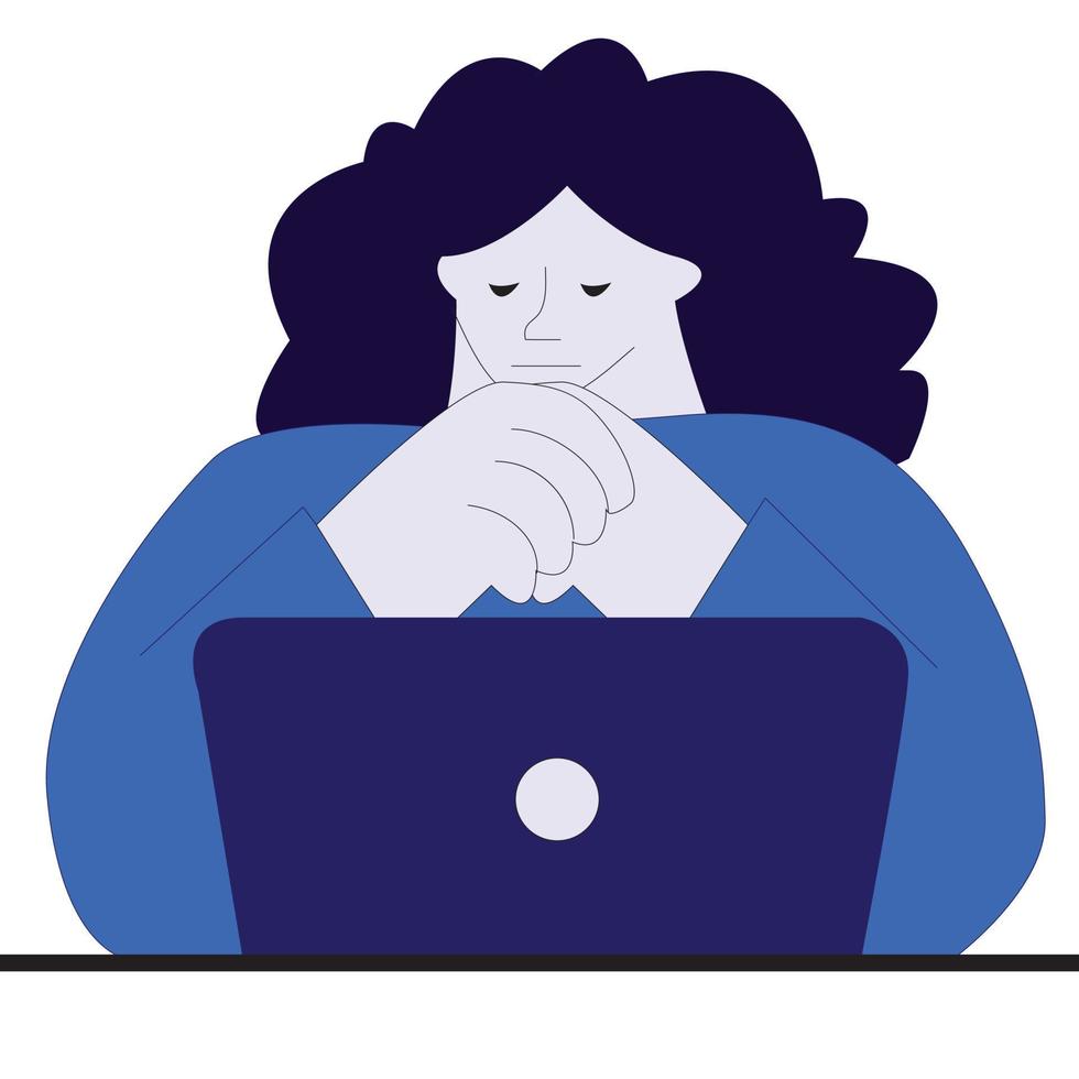 mujer que trabaja en la oficina en casa. personaje sentado en el escritorio en la habitación, mirando la pantalla de la computadora y hablando con colegas en línea. concepto de oficina en casa. ilustración vectorial plana. vector