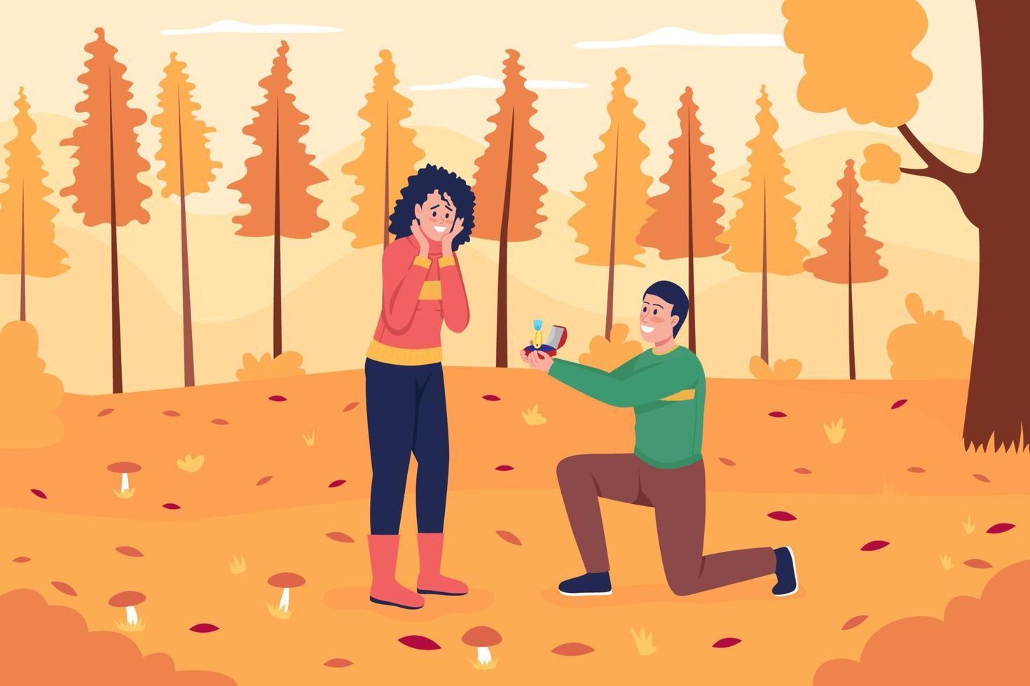 Marriage proposal in autumn flat color vector illustration