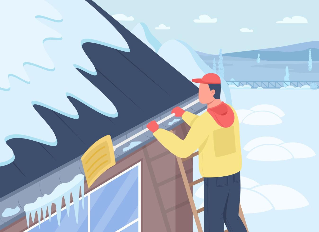 Roof snow cleaning flat color vector illustration