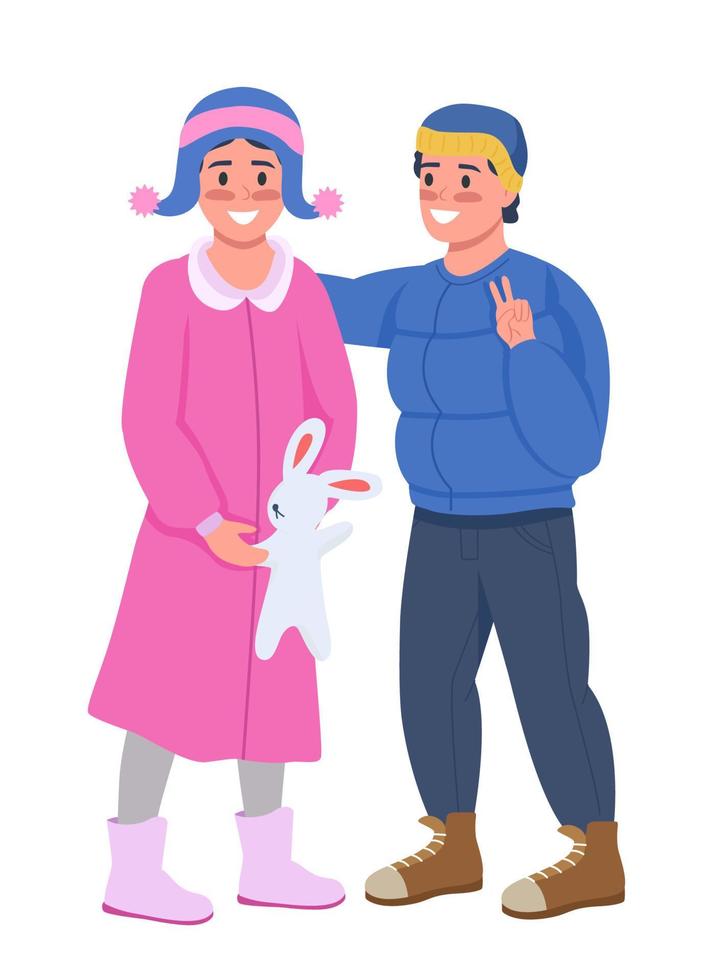 Happy sibling in winter semi flat color vector characters