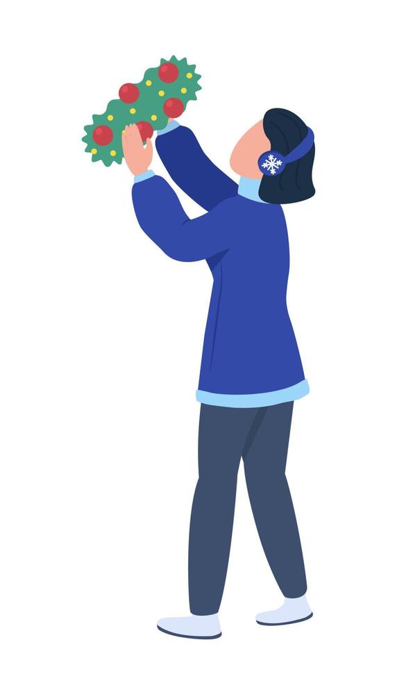 Girl decorating for Christmas semi flat color vector character