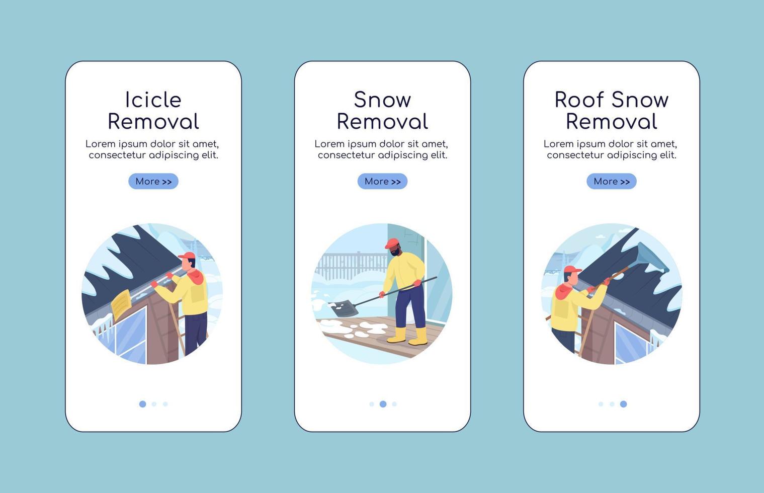 Winter snow removal onboarding mobile app screen flat vector template
