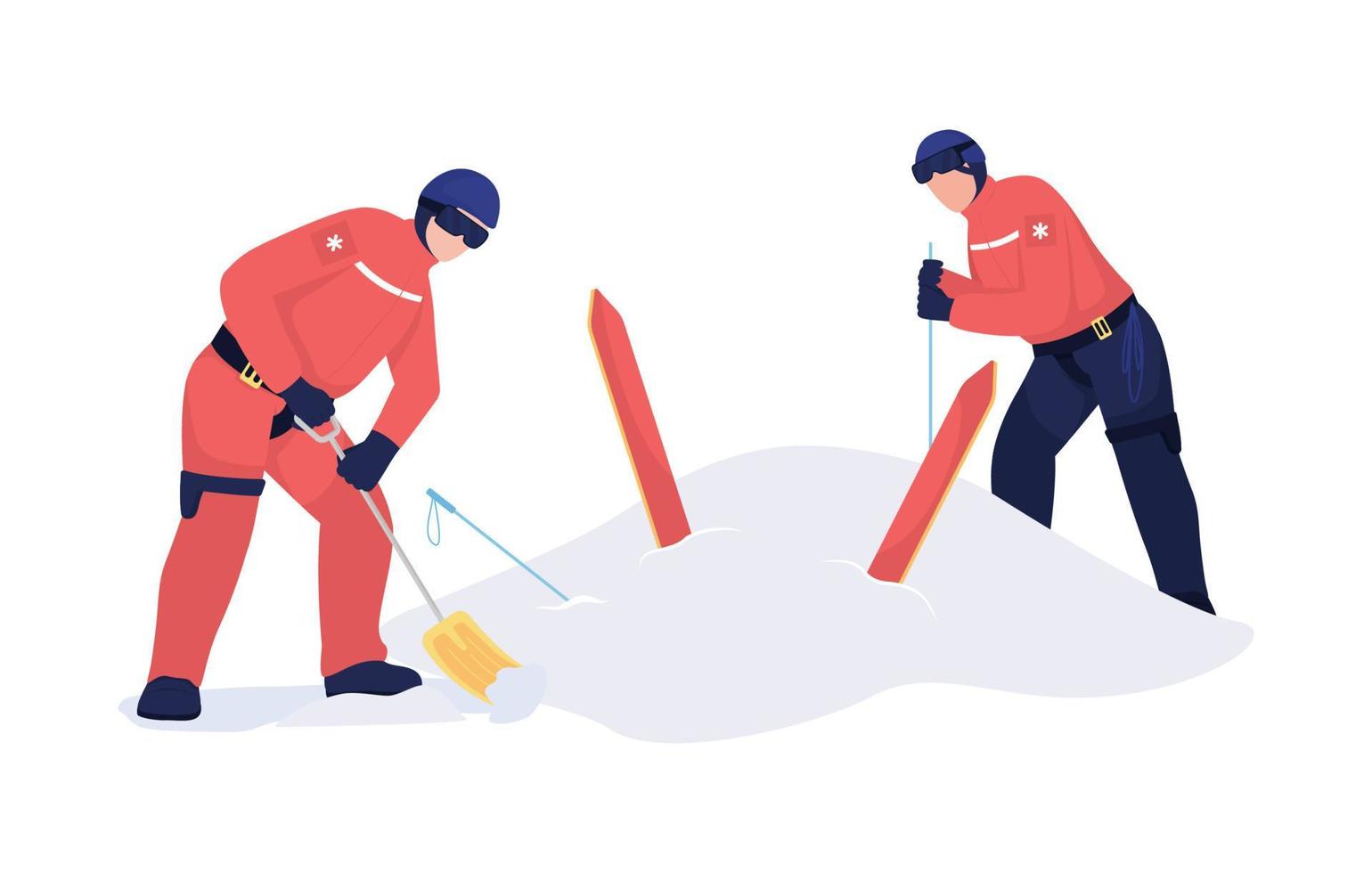 Rescuers digging skier out semi flat color vector characters