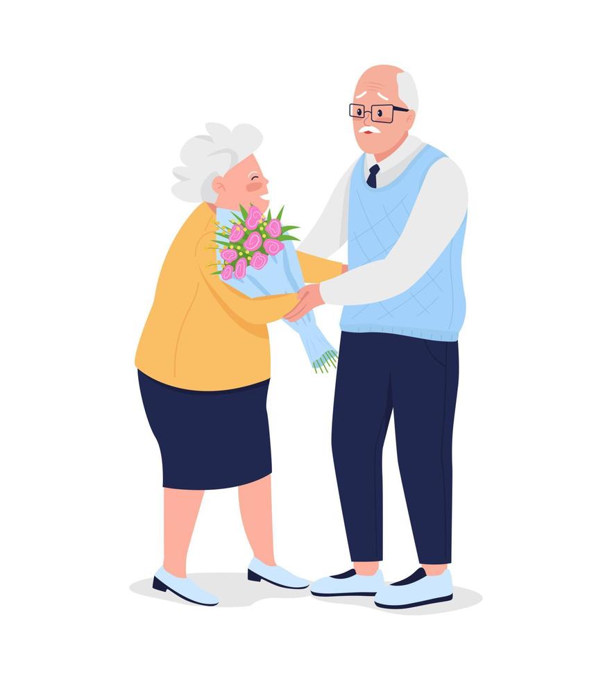 Old man presenting bouquet to wife semi flat color vector characters