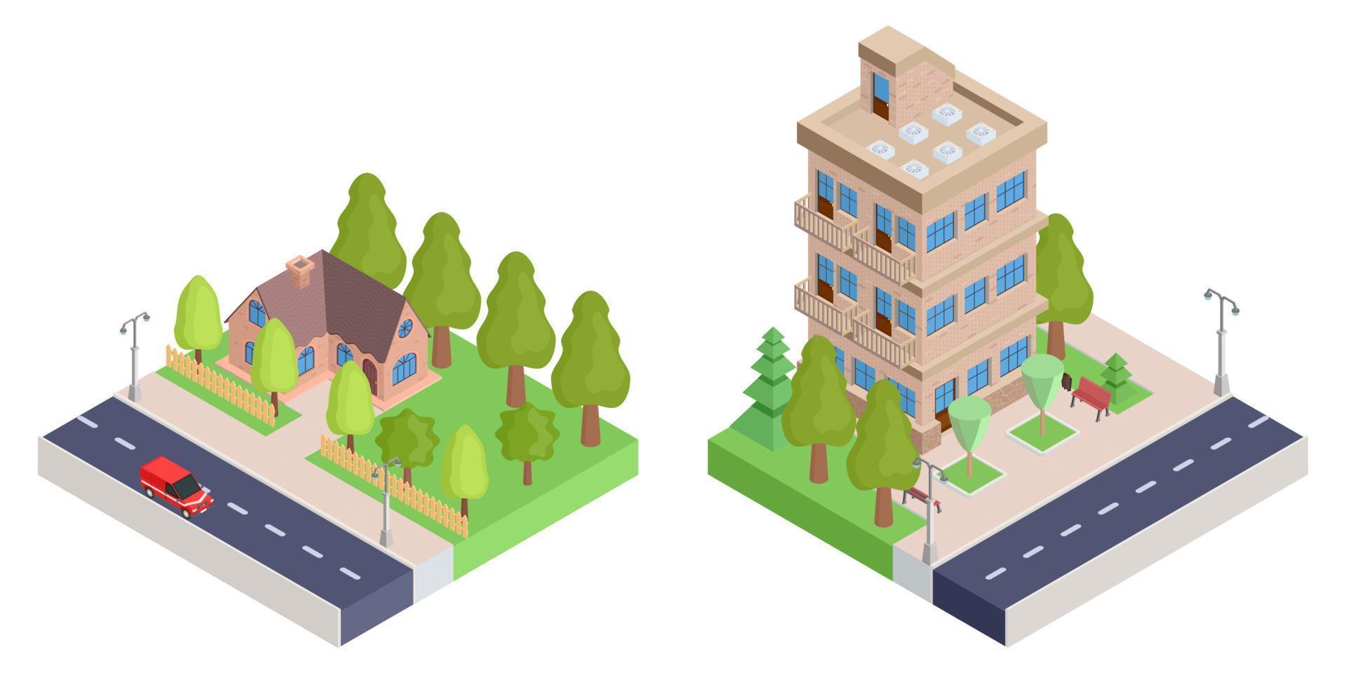 a country house with a fence and an apartment isometric house. vector