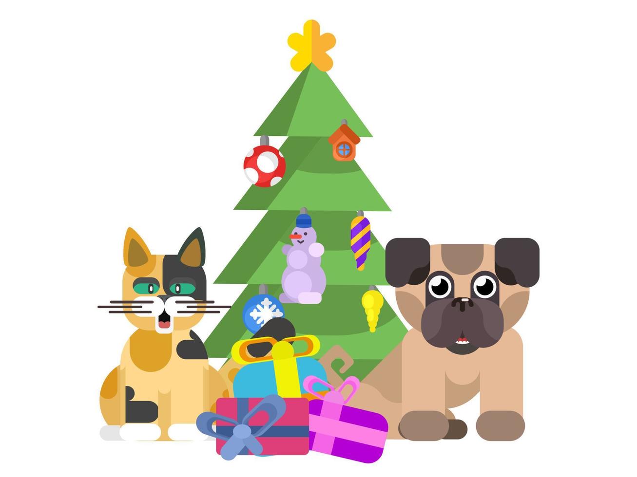 cat with dog near new year tree on white vector